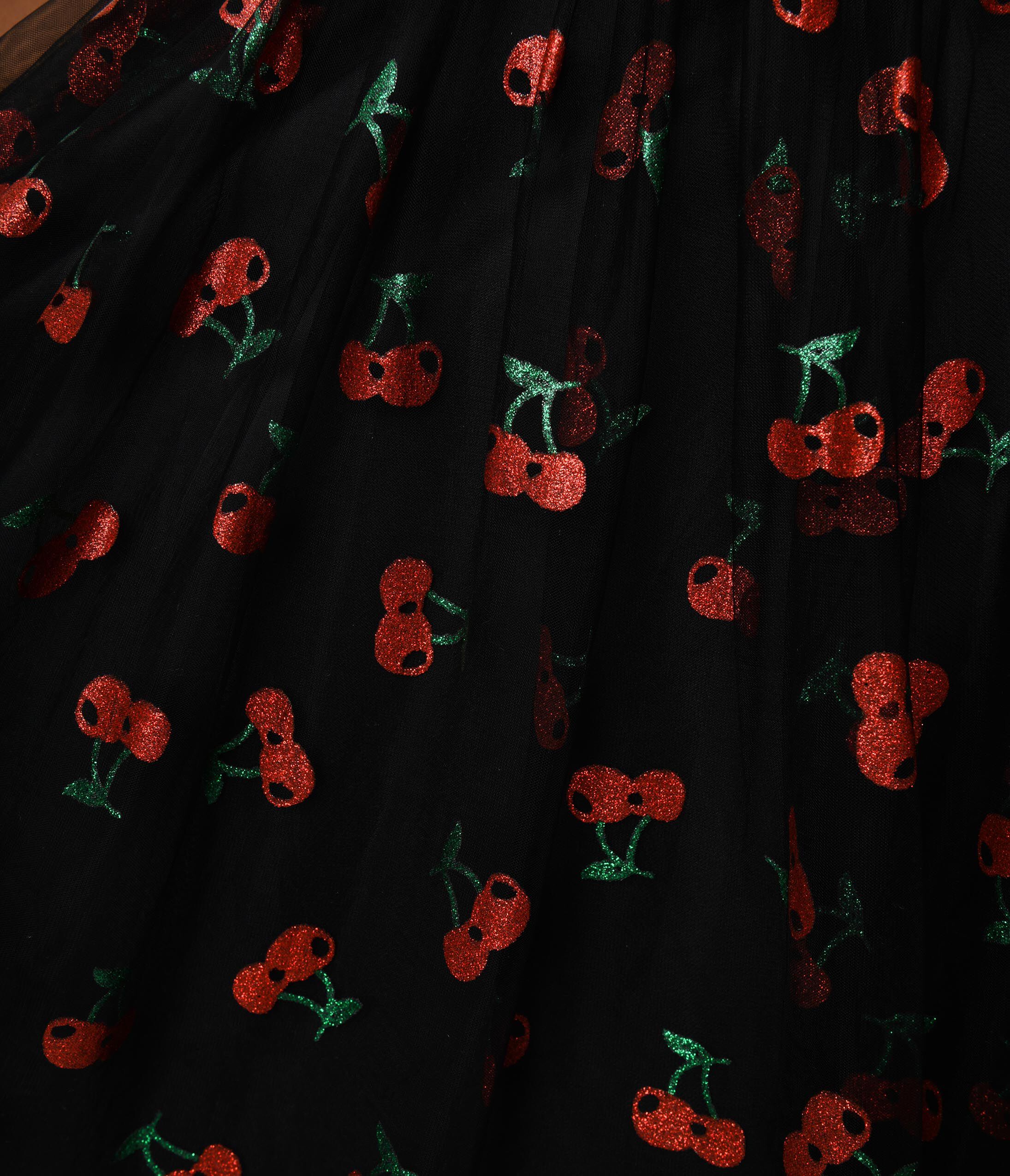 Unique Vintage Black & Glitter Cherry Print Heart & Soul Babydoll Dress, Black Red / Black, alternate image number 1