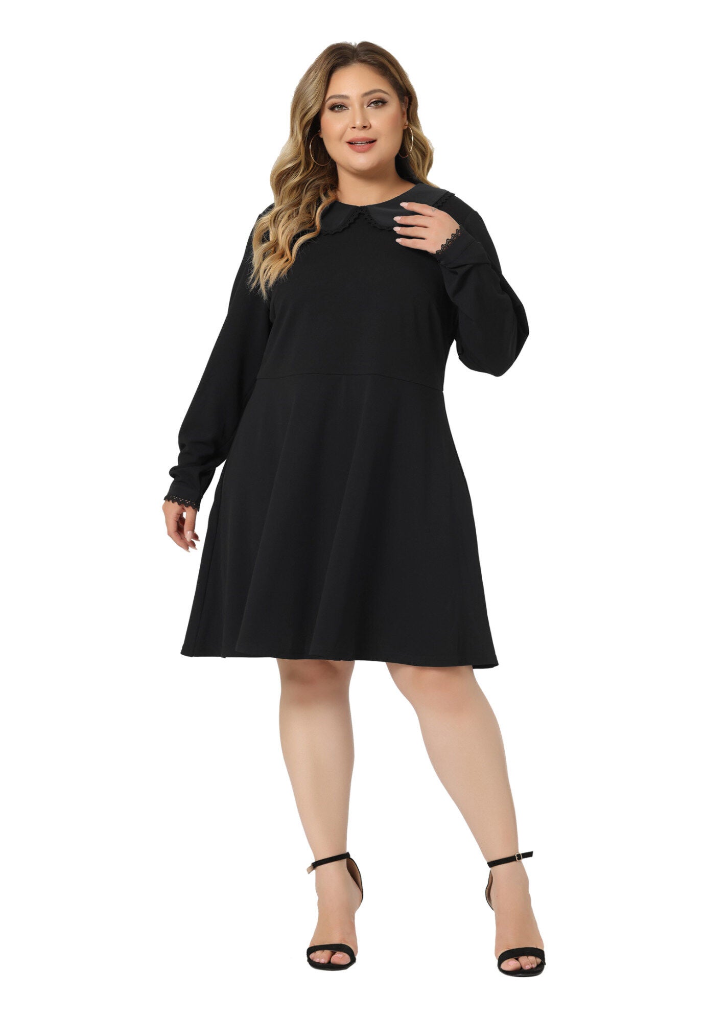LONG SLEEVE DOLL PETER PAN COLLAR FLARE MIDI DRESS, Dark Black / Black, hi-res image number 0