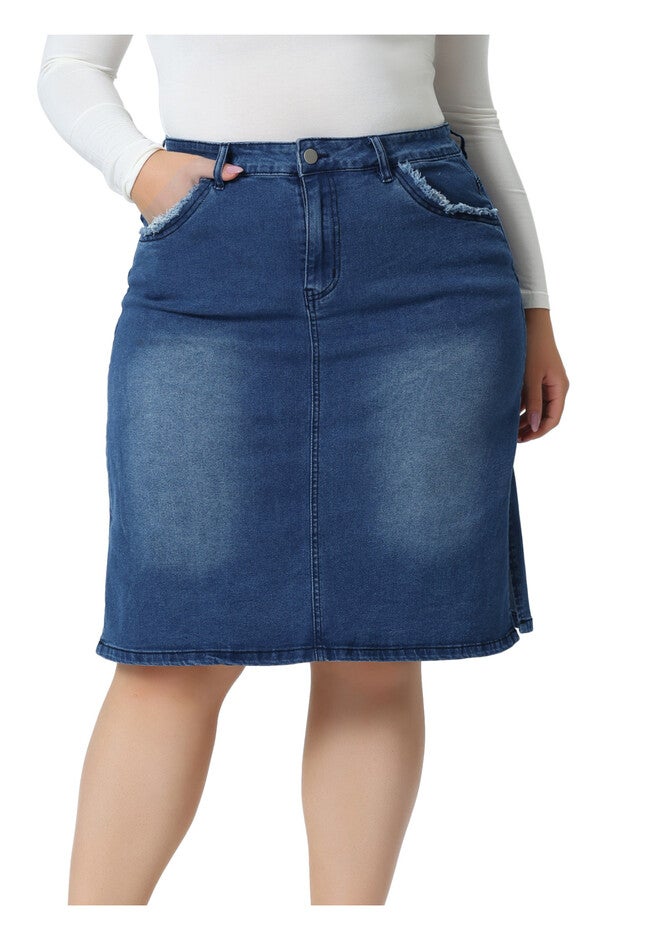 STRETCH ELASTIC WAIST SIDE SPLIT A LINE DENIM SKIRT, Blue / Light Blue, alternate image number 1
