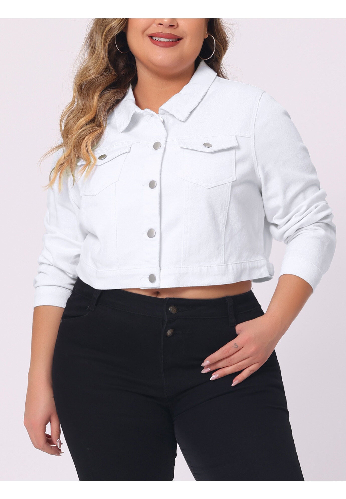 BUTTON CLOSED CROPPED DENIM JACKET, White / White, alternate image number 1