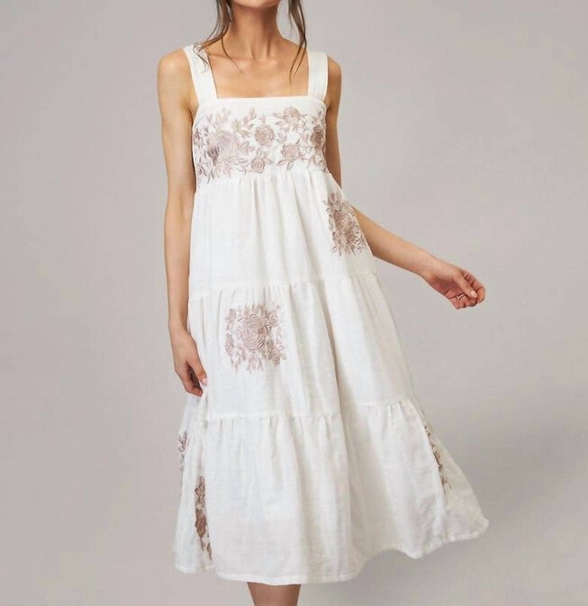 SHAY DOUBLE COTTON GAUZE DRESS IN IVORY WITH TAN ROSES, Ivory With Tan Roses / White, hi-res image number 0