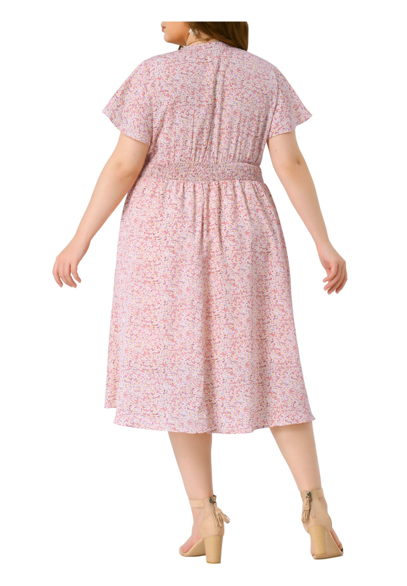 Summer Floral Print V Neck Smocked A-Line Flowy Midi Dress, Pink / Pink, alternate image number 3