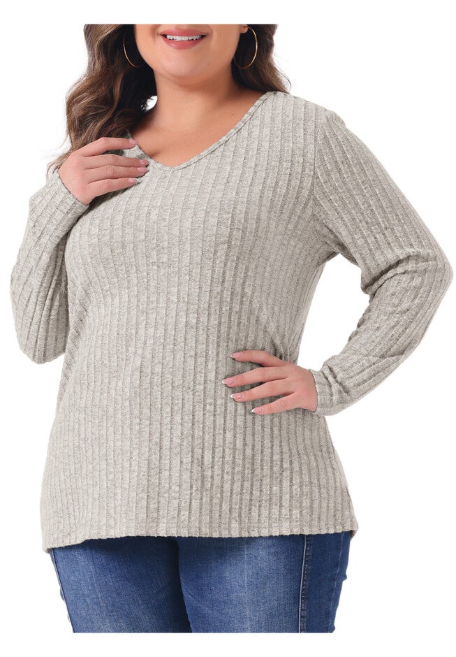 V Neck Long Sleeve Ribbed Brushed Tunic Blouse, Beige Brown / Warm Grey, alternate image number 1