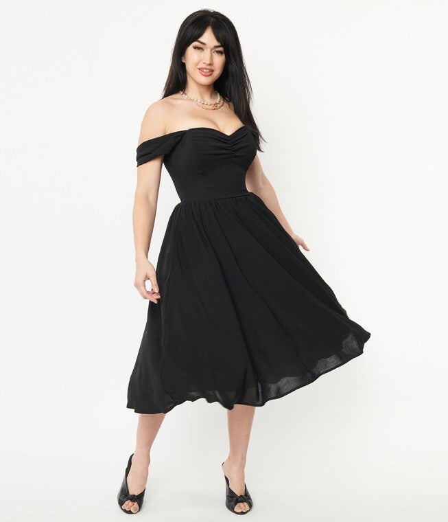 Unique Vintage Black Off Shoulder Swing Dress, Black / Black, hi-res image number null