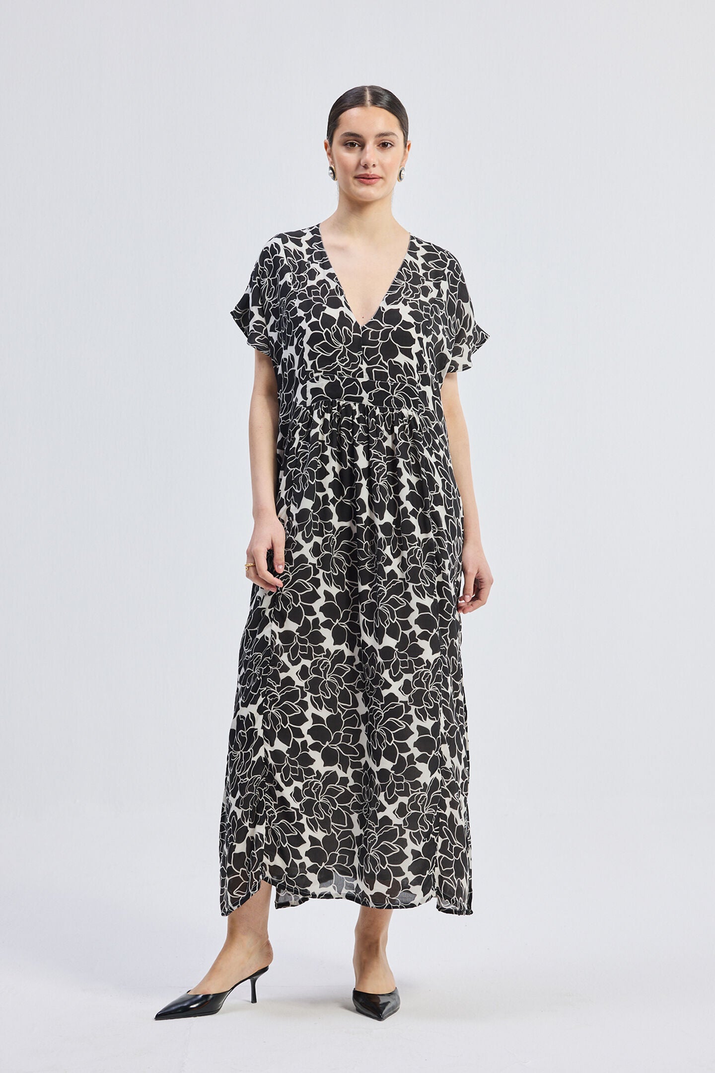 Deep V-neck Maxi Dress with Front Gathers in Black Florals, Midnight Bloom / Black, alternate image number 6