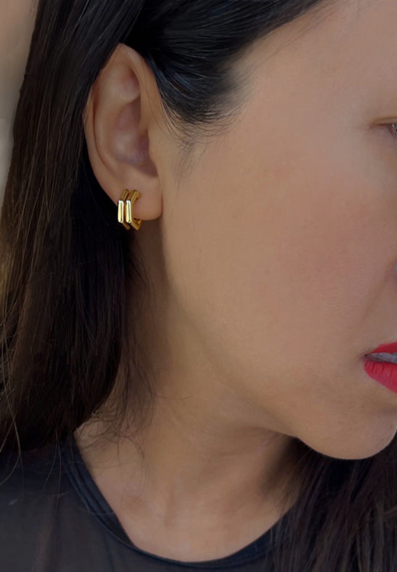 FUTURISTIC Double Hexagon Chubby Huggies | 18K Gold Over Sterling Silver, Gold / Gold, alternate image number 2