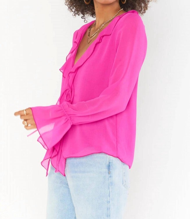 ADELA RUFFLE TOP IN PINK CRINKLED CHIFFON, , alternate image number 3