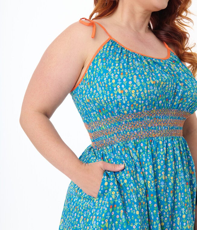 Smak Parlour Plus Size Blue Ditsy Floral Tiered Cotton Flare Dress, Cornflower Blue / Cornflower Blue, alternate image number 1