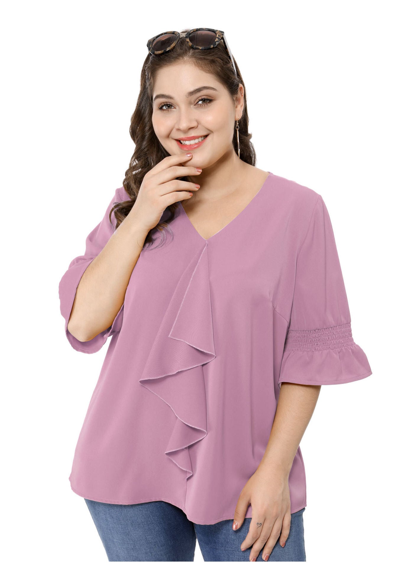 Ruffle Blouse V Neck Smocked Sleeves Top, Purple / Purple, hi-res image number 0