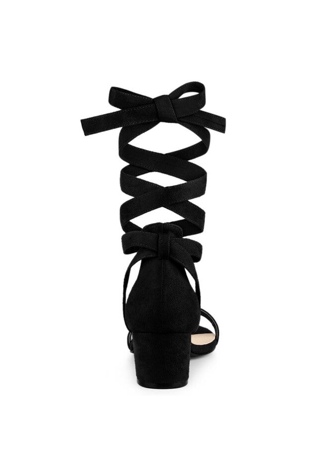 Open Toe Block Heel Lace Up Heels Sandals, Black / Black, alternate image number null