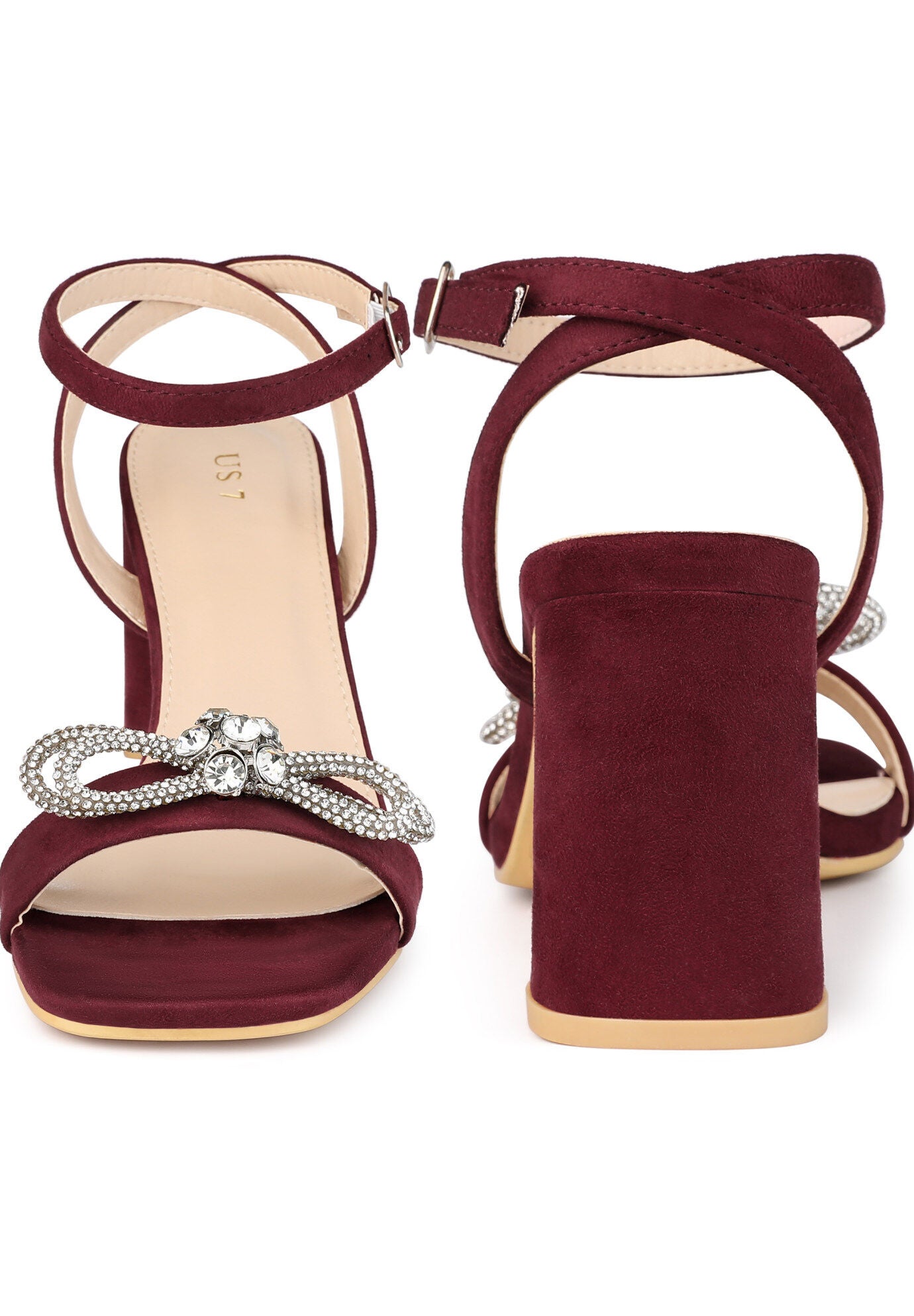 Rhinestone Bow Slingback Chunky Heels Sandal, Burgundy / Burgundy, alternate image number 1