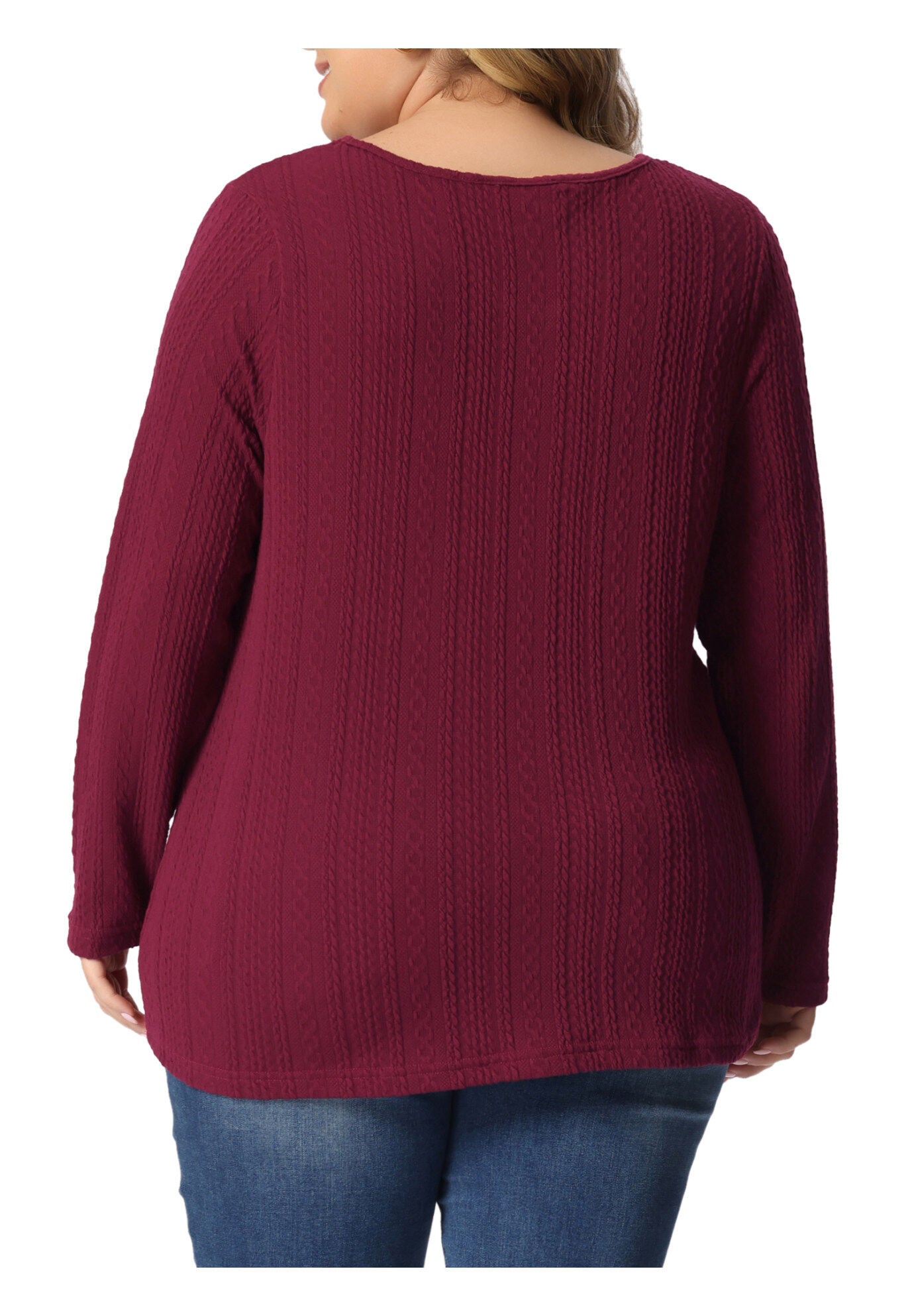 V Neck Long Sleeve Basic Knit Top Tee T-Shirt, Burgundy / Red, alternate image number 3