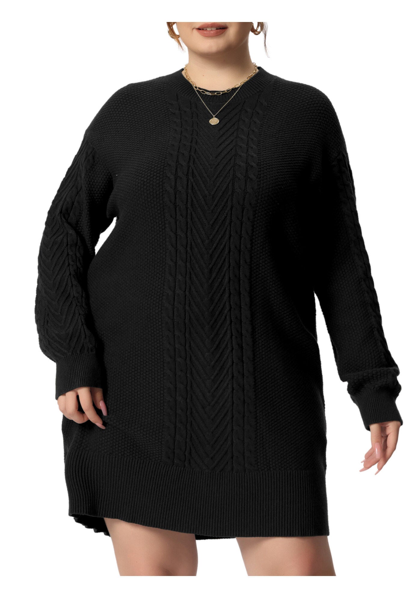 CREWNECK LONG SLEEVE KNIT TUNIC PULLOVER SHORT SWEATER DRESS, Black / Black, alternate image number 2