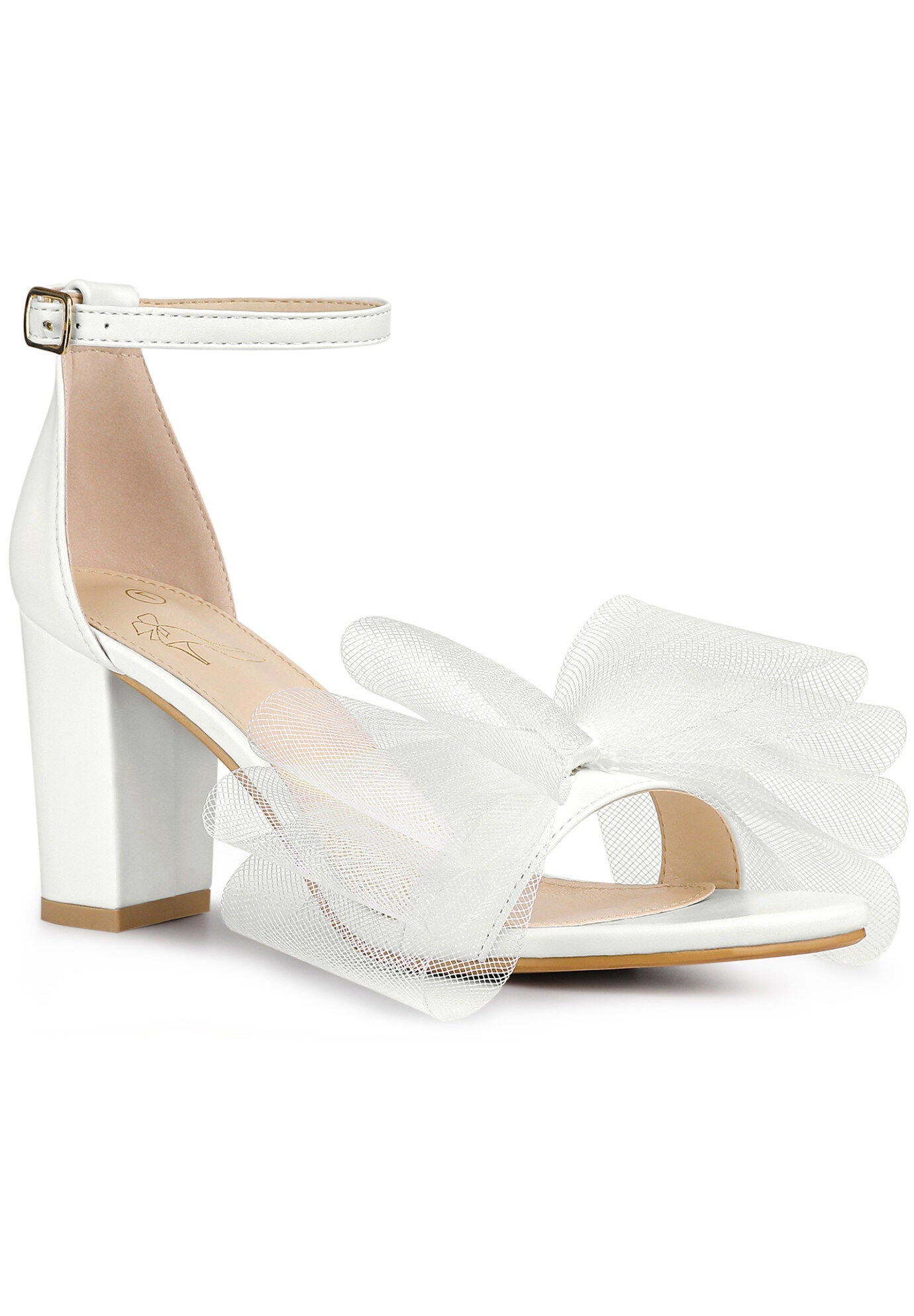 Bow Tie Ankle Strap Chunky High Heels Sandals, White / White, hi-res image number 0