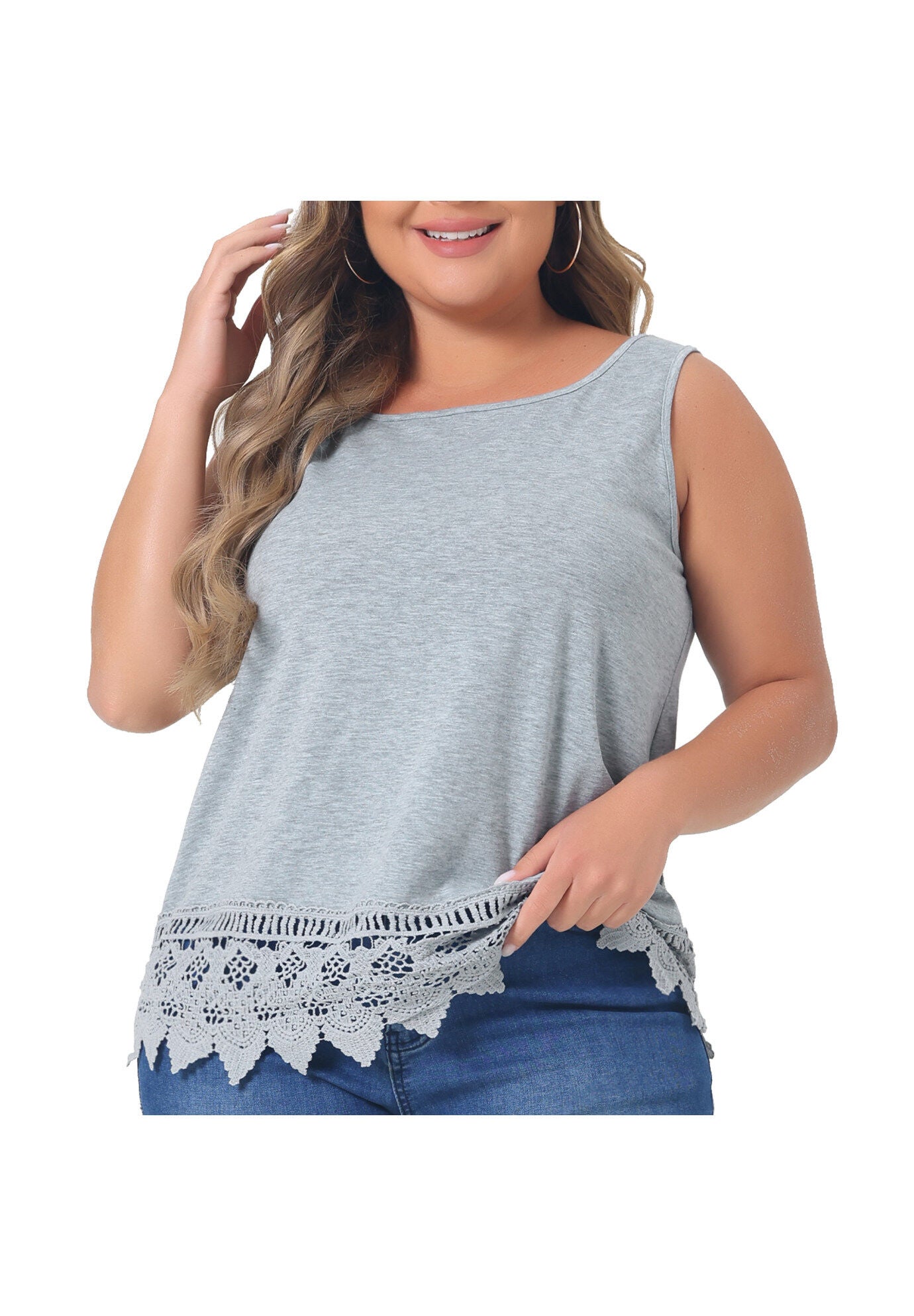 Round Neck Sleeveless Swing Lace Panel Flowy Top, Grey / Light Grey, alternate image number 1