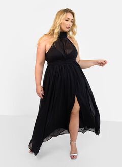 ELISE CHIFFON HALTER MAXI A LINE DRESS W. SLIT