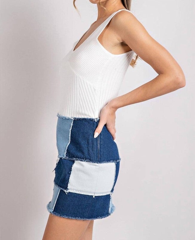 RETRO PATCHWORK COLOR BLOCK MINI SKIRT IN MINERAL WASHED DENIM, Mineral Washed Denim / Light Wash, alternate image number null