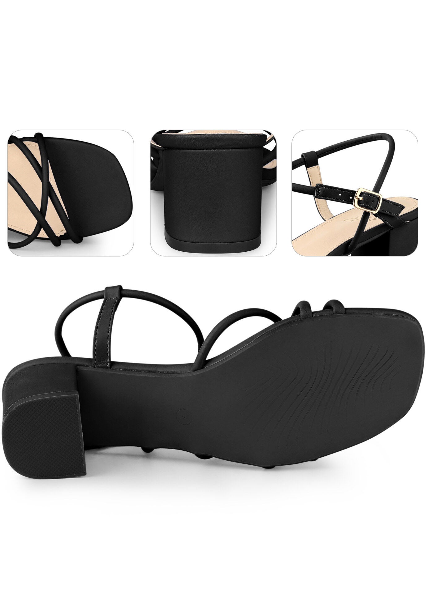 Strappy Heels Square Toe Slingback Chunky Heel Sandals, Black / Black, alternate image number 2