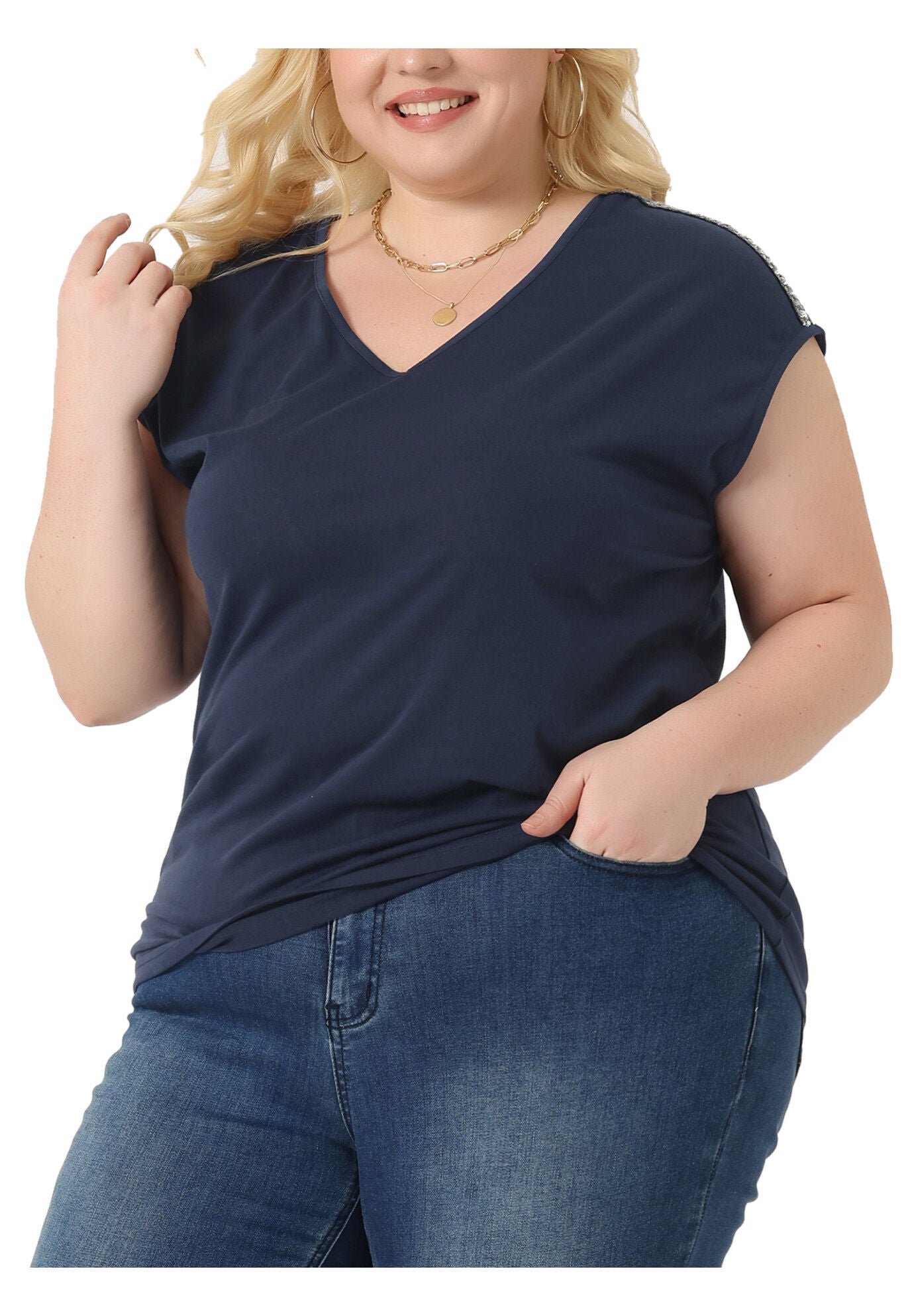 V Neck Sleeveless Basic Summer T-Shirt Top, Navy Blue / Navy, alternate image number 1