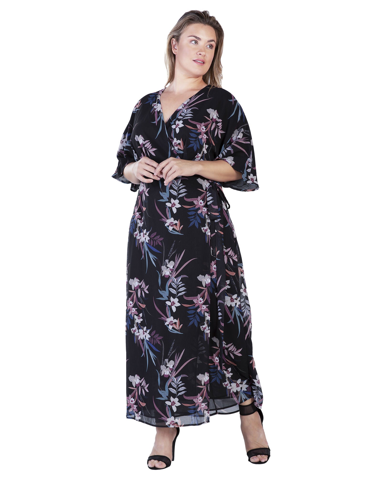 Plus Size Olivia Kimono Wrap Maxi Dress, Black Tropical Floral / Black, alternate image number 4