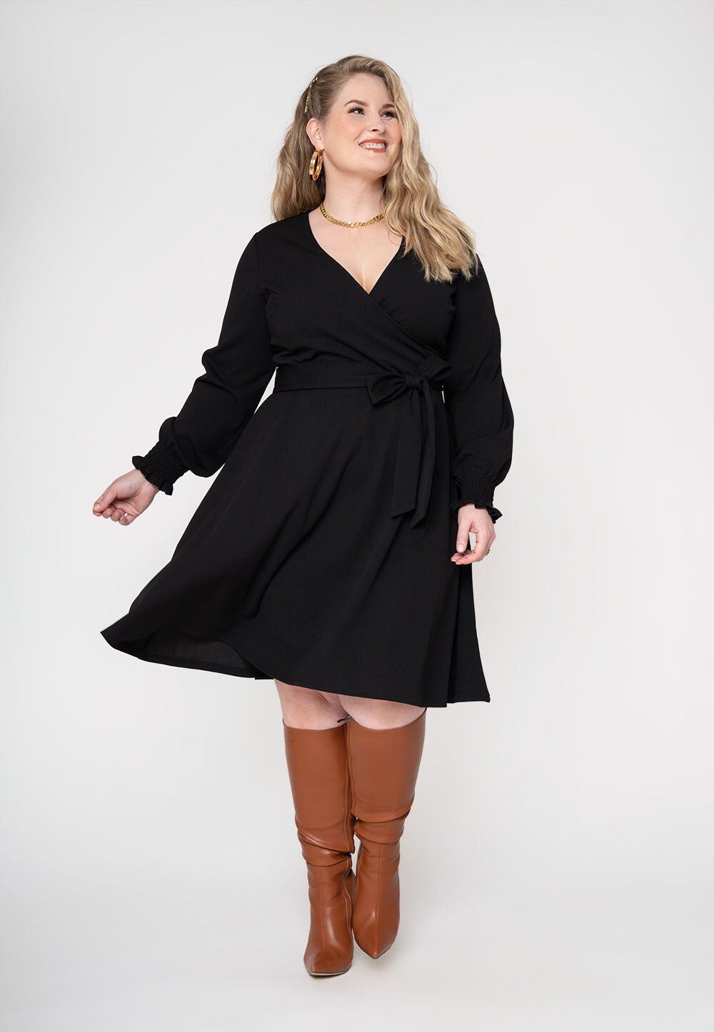 Perfect Wrap Midi with Blouson Sleeve Dress, Black / Black, hi-res image number 0