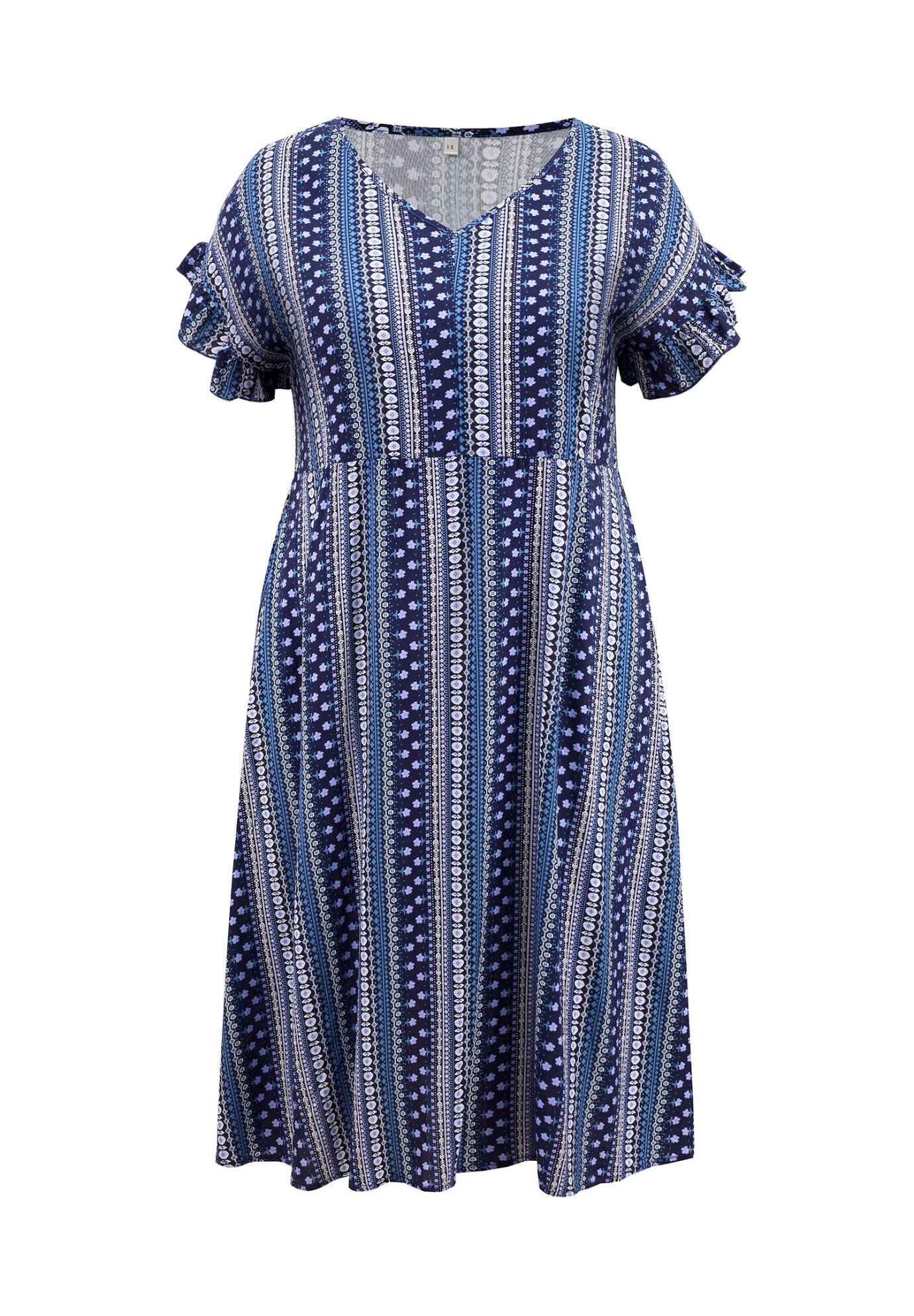Boho Floral Stripe V Neck Ruffle Sleeve Flowy Midi Dress with Pockets, Navy Blue / Navy, alternate image number 3
