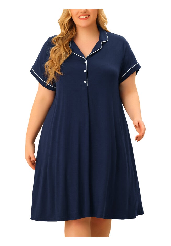 Short Sleeves Pajama Button Down Nightshirt, Dark Blue / Navy, alternate image number 2
