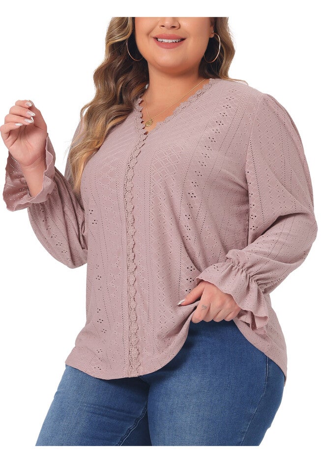 V Neck Ruffle Eyelet Lace Crochet Hollow Blouse, Pink / Pink, alternate image number 1