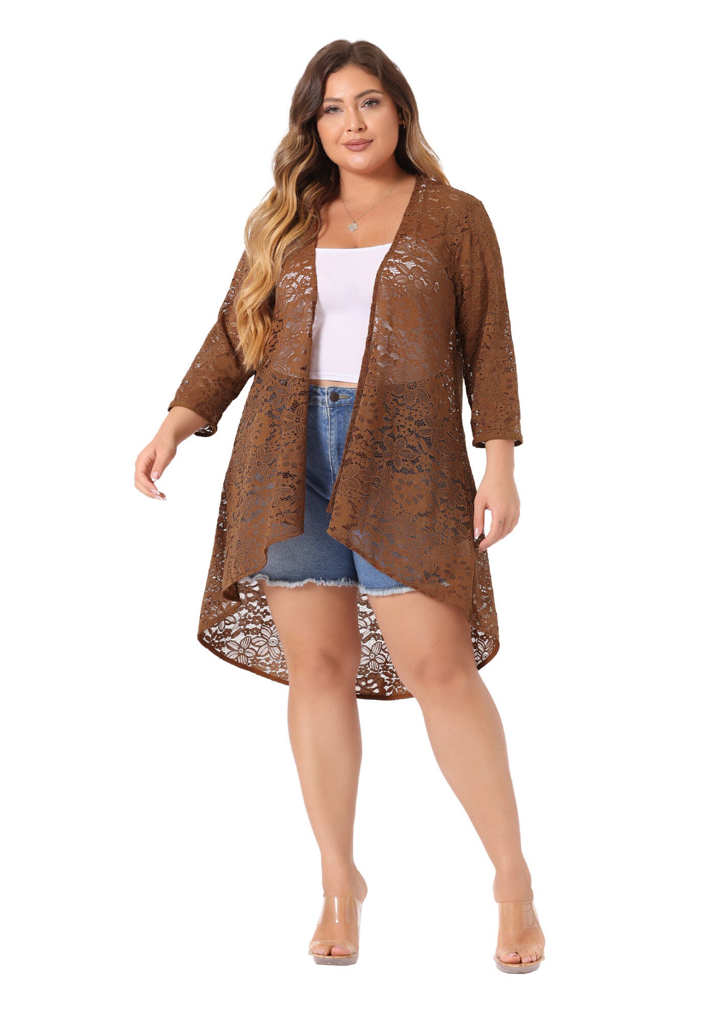 LIGHTWEIGHT 3/4 SLEEVE OPEN FRONT CROCHET LACE COVER UP, Brown / Brown, alternate image number 2