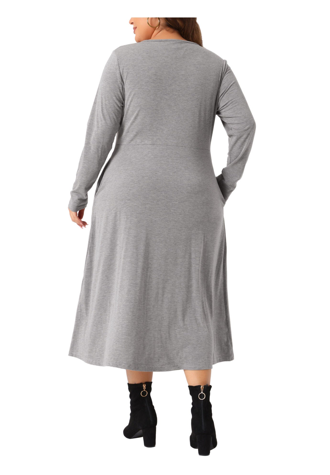 Crew Neck Long Sleeve T-Shirt Dress with Pockets, Gray / Light Grey, alternate image number 3