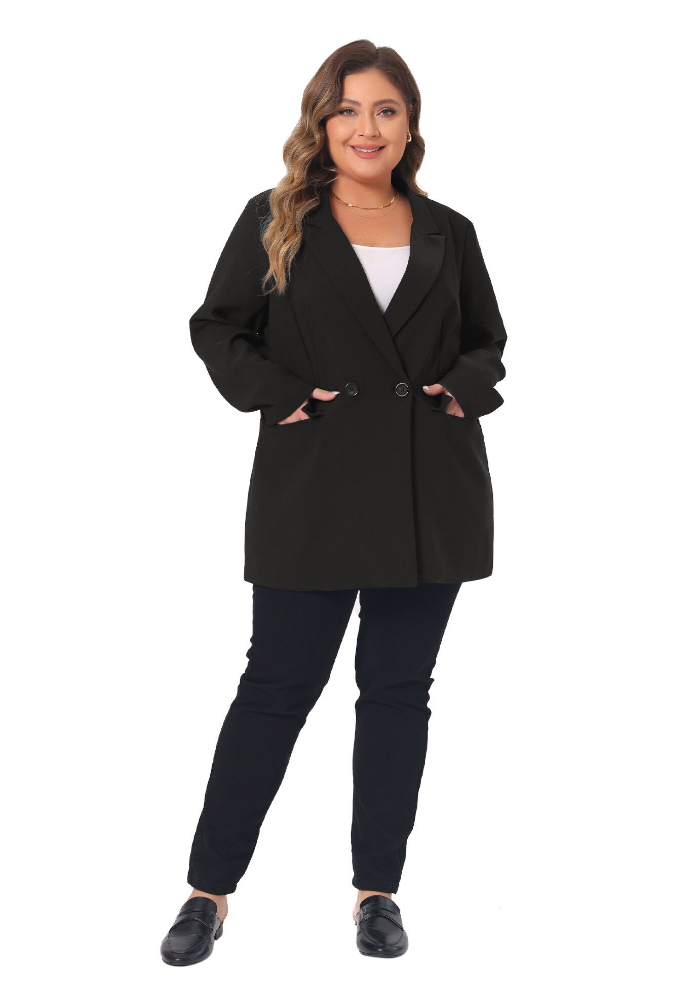 LAPEL BUTTON OFFICE WORK BLAZER, Black / Black, hi-res image number 0