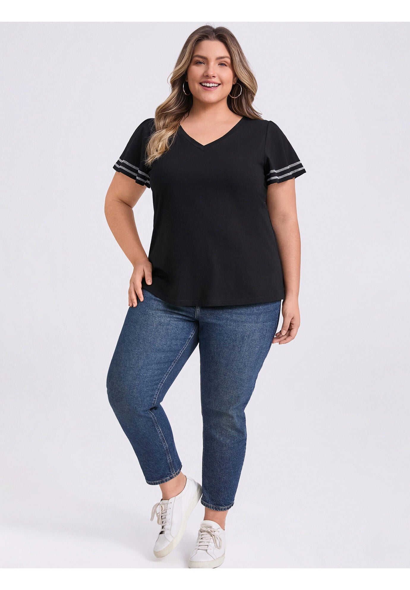 Contrasting Colors Top Ruffle Short Sleevs Tee Shirt Blouse, Black / Black, hi-res image number 0