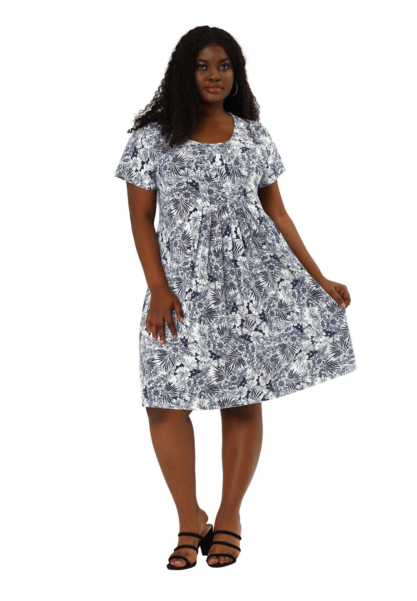 Short Sleeves Pleated Summer Beach Casual Loose Floral Dress, Navy Blue / Navy, hi-res image number 0
