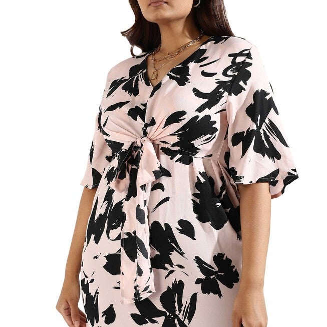 Pink Color Floral Design Drawstring Dresses For Women, Pink / Pink, alternate image number 1