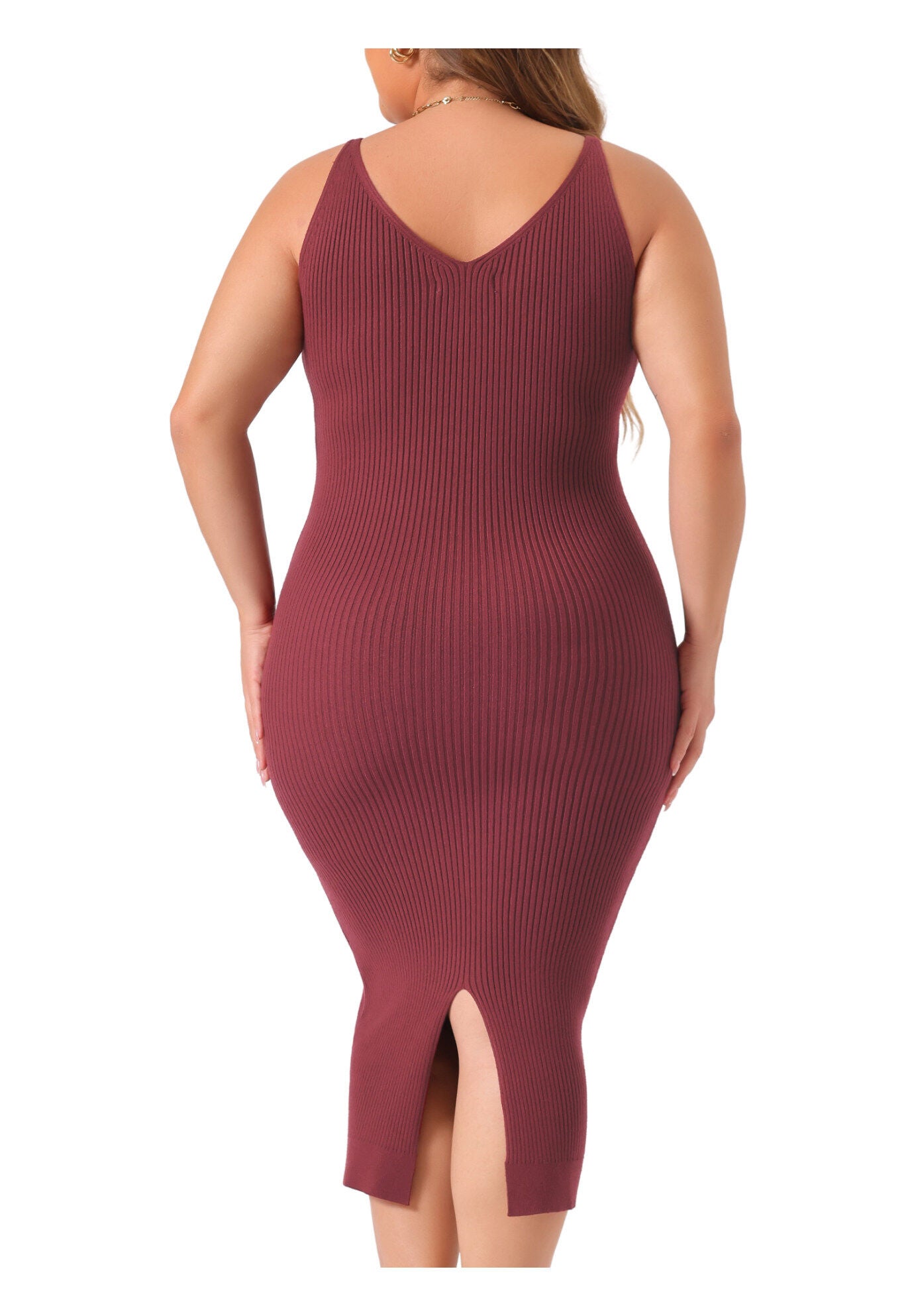 Sleeveless V Neck Ribbed Knit Bodycon Midi Sweater Cami Dress, Burgundy / Burgundy, alternate image number 4