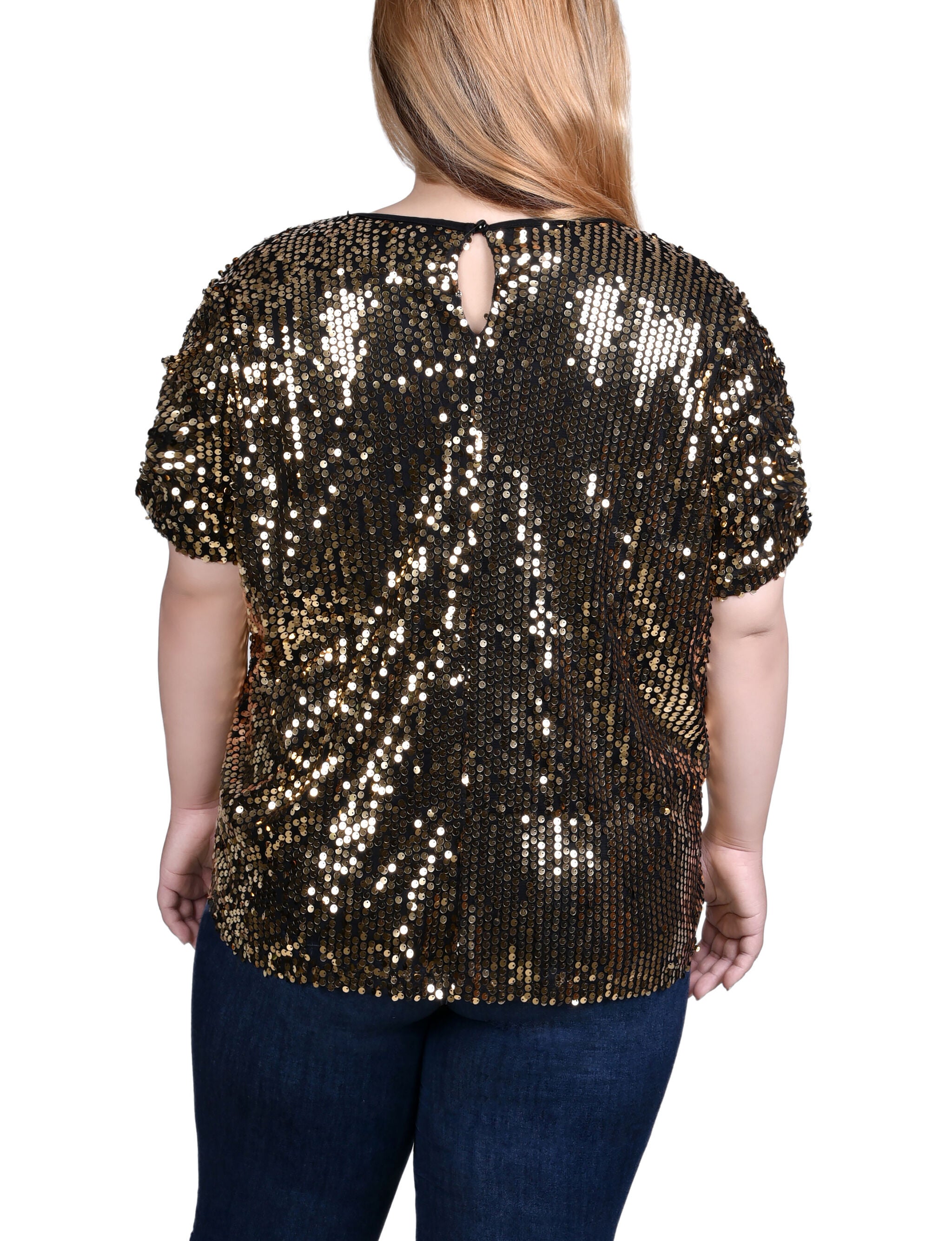 Short Sleeve Sequined Top, Gold, alternate image number 1