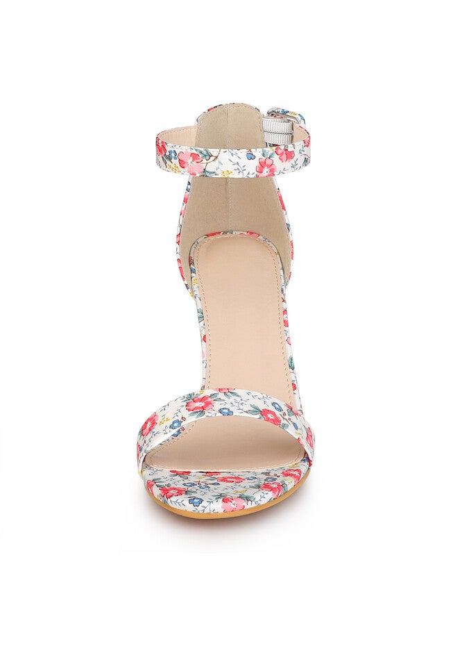 Floral Print Open Toe Block High Heels Summer Sandals, Red White / Red, alternate image number 1