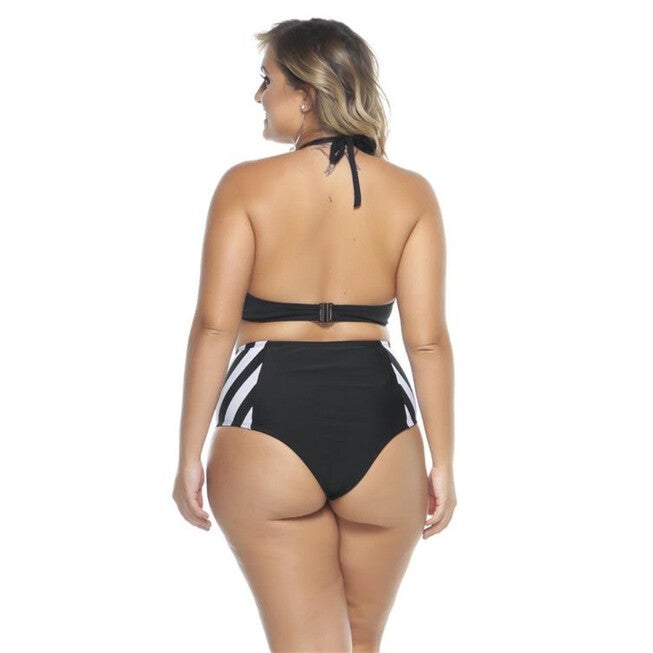 Two Colored High Waisted Bikini Bottom, Black Stripe / Black, alternate image number 1