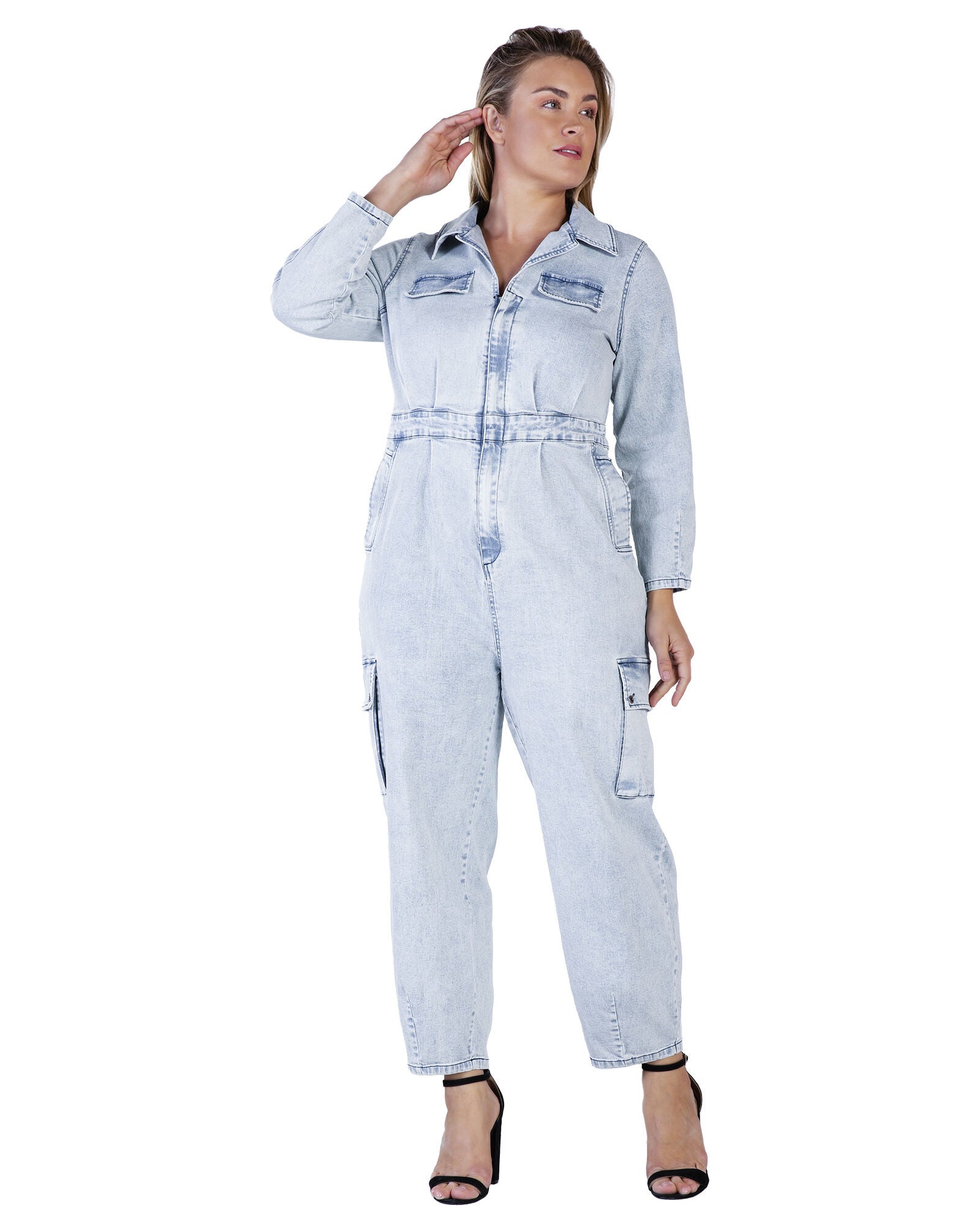 Portia Women&#39;s Long Plus Size Sleeves Denim Cargo Jumpsuit, , alternate image number 8