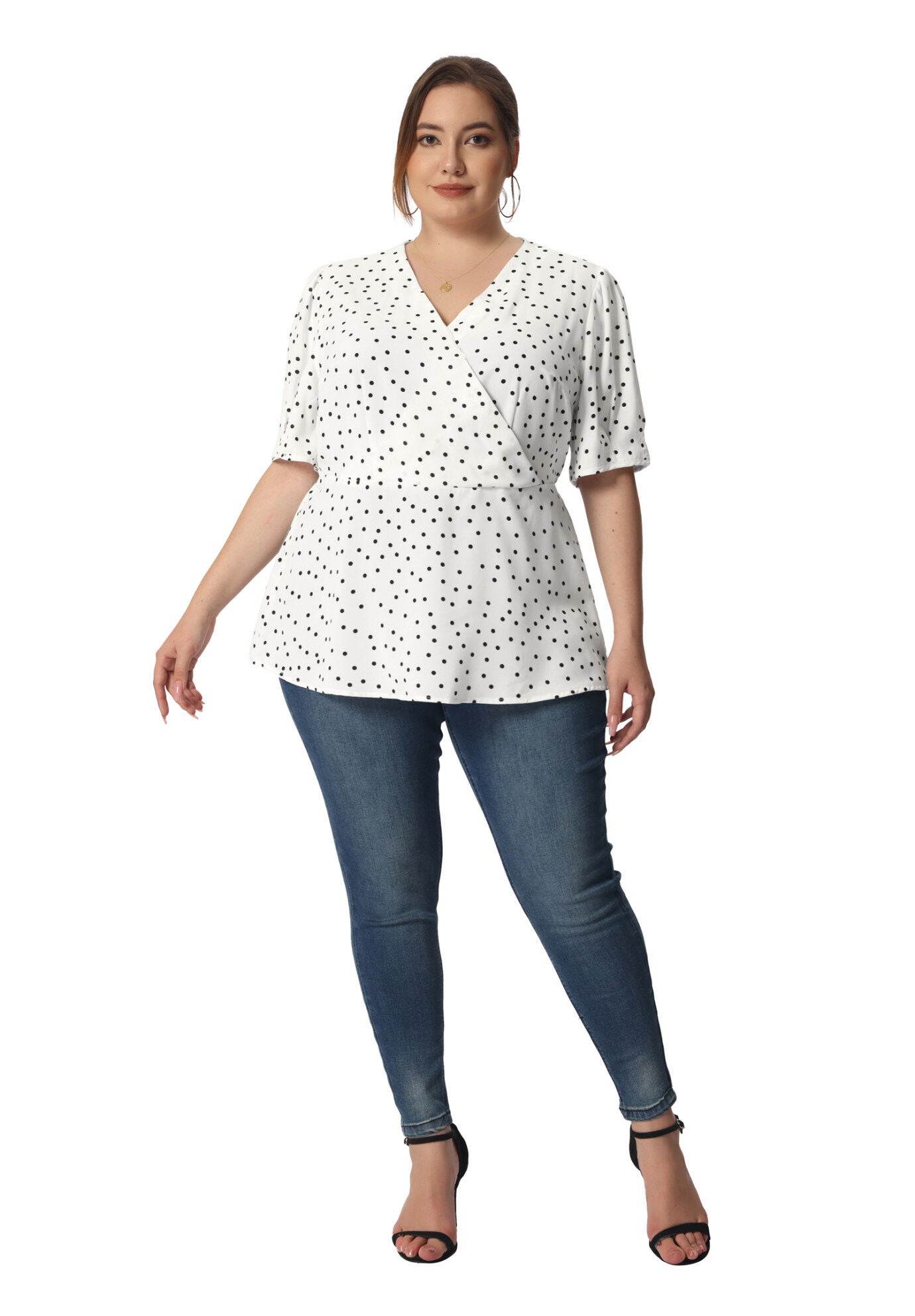Summer V Neck Wrap Short Sleeve Polka Dots Peplum Top, White / White, hi-res image number 0