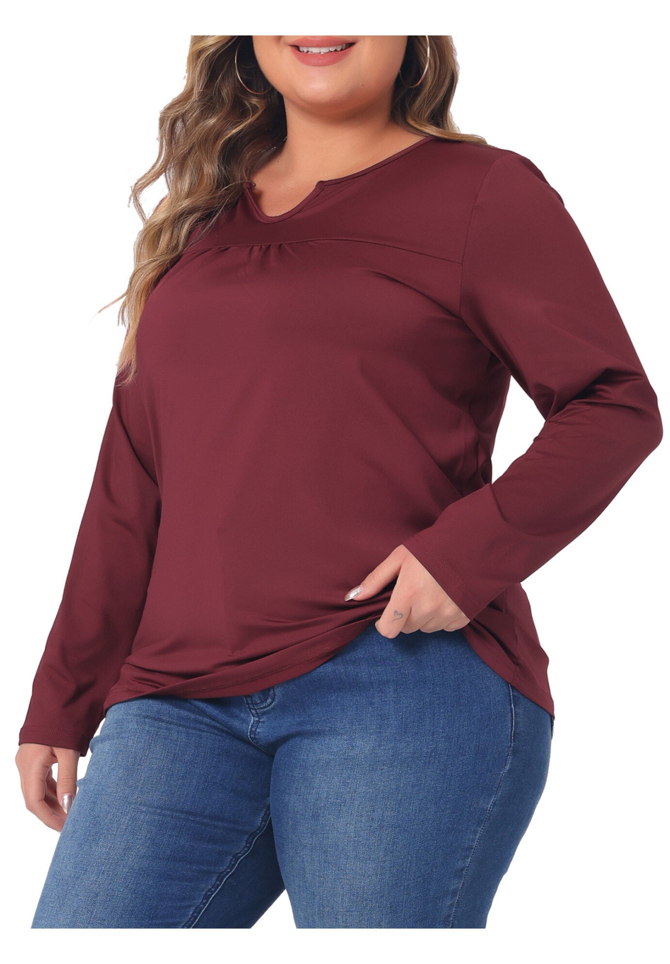 NOTCHED NECK LONG SLEEVE T-SHIRT LOOSE CASUAL TUNIC BLOUSE, Burgundy / Red, alternate image number 1