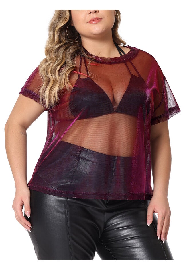 DROP SHOULDER SHEER MESH TOP, Black Red / Red, alternate image number 2