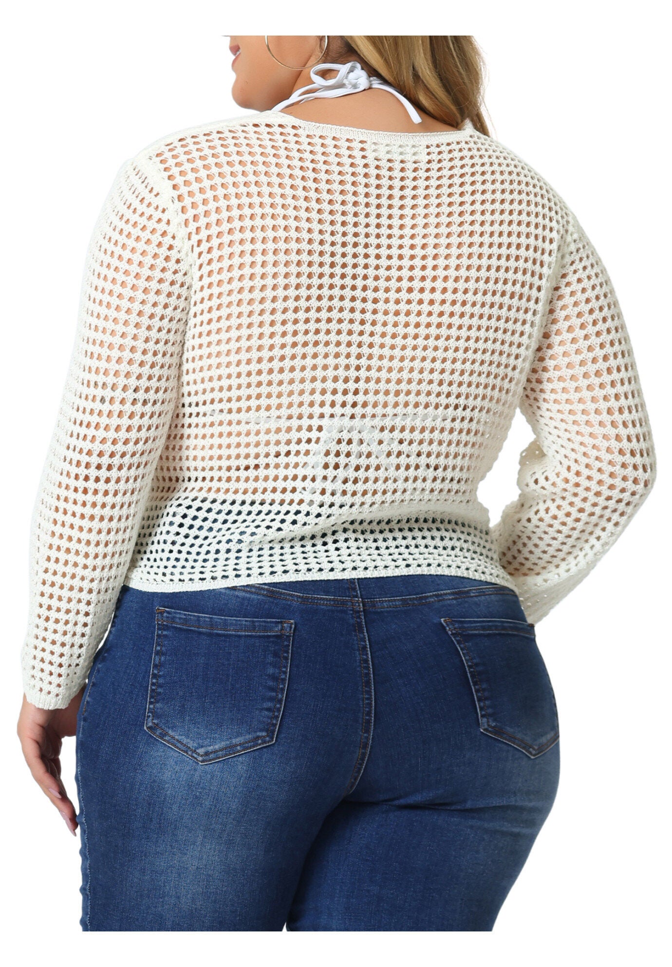 Mesh Crochet Crop Top Hollow Out Knit See Through Cover Up, Cream White / Cream, alternate image number 3