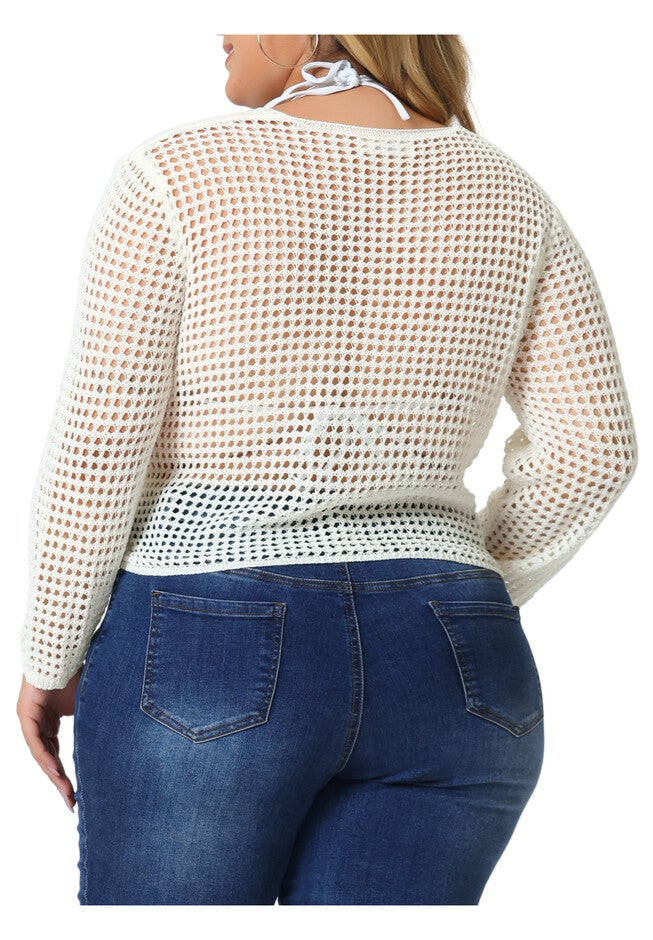 Mesh Crochet Crop Top Hollow Out Knit See Through Cover Up, Cream White / Cream, alternate image number 3