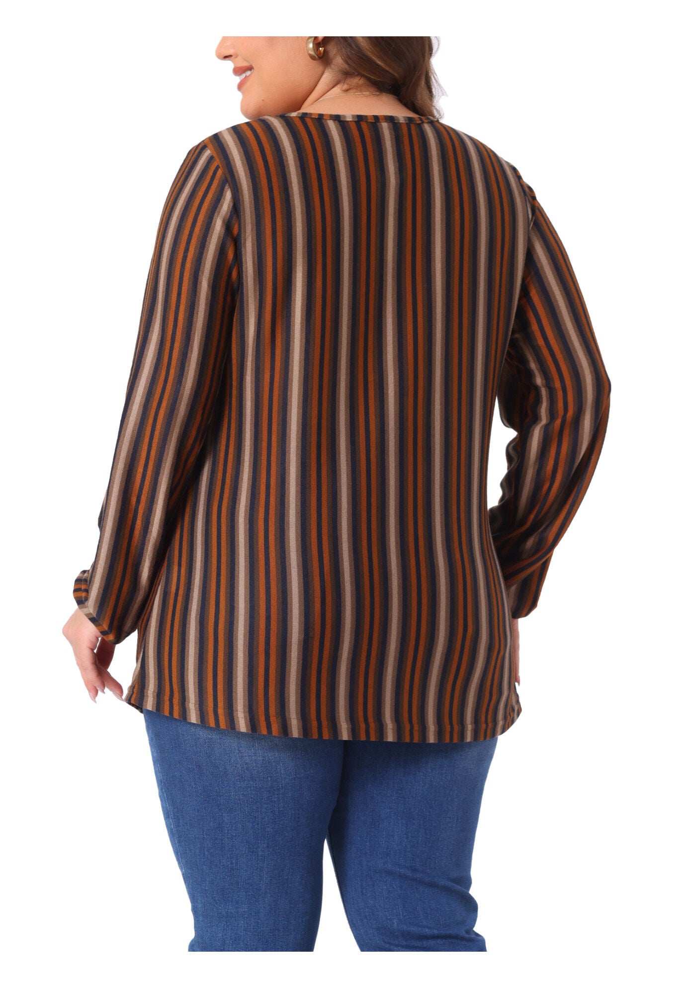 Boho Color Block Elastic Cuff Long Sleeve Striped Top, Orange / Orange, alternate image number 3
