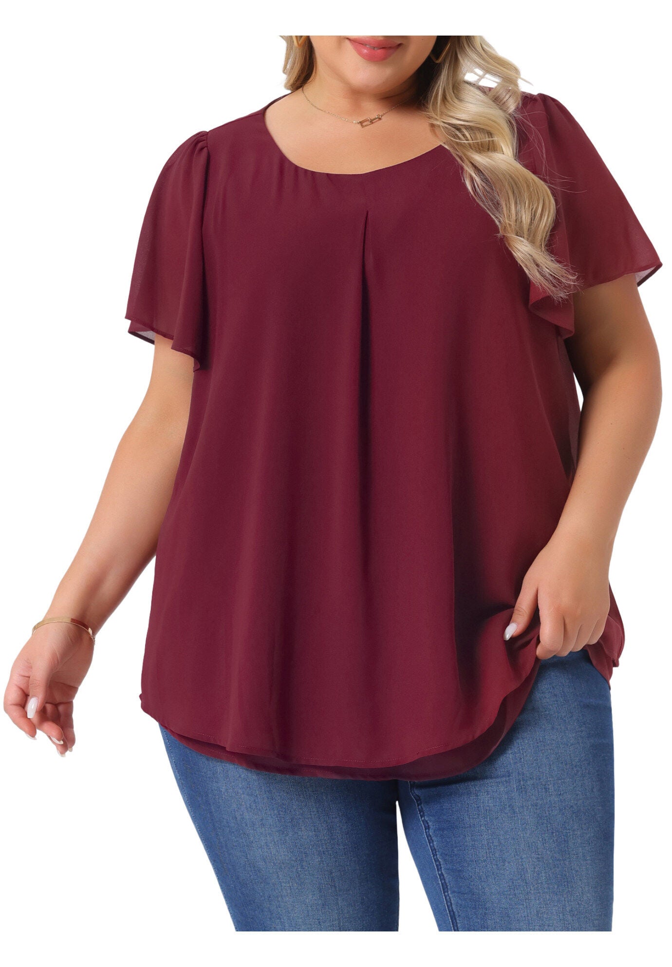 Ruffle Short Sleeve Double-Layered Chiffon Blouse, Burgundy / Burgundy, alternate image number 1