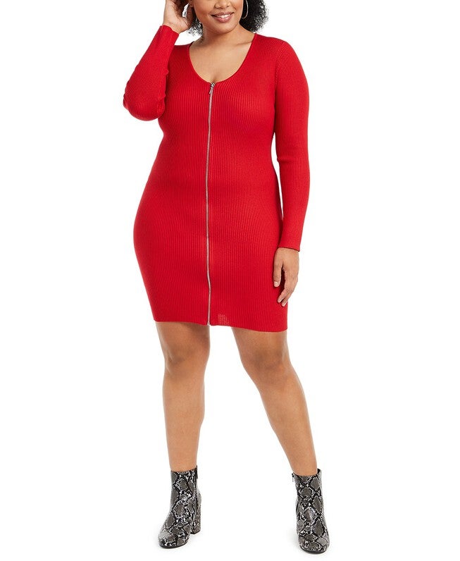 Planet Gold Women's Plus Size Trendy Zip-Front Sweater Dress Red Size 1X, Red / Red, hi-res image number 0
