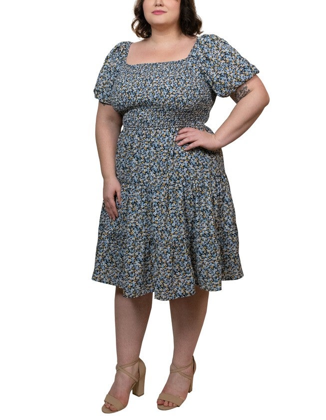 Scarlette Dress Fit Flared Tiered Ditsy Flowers Blue, , alternate image number 8