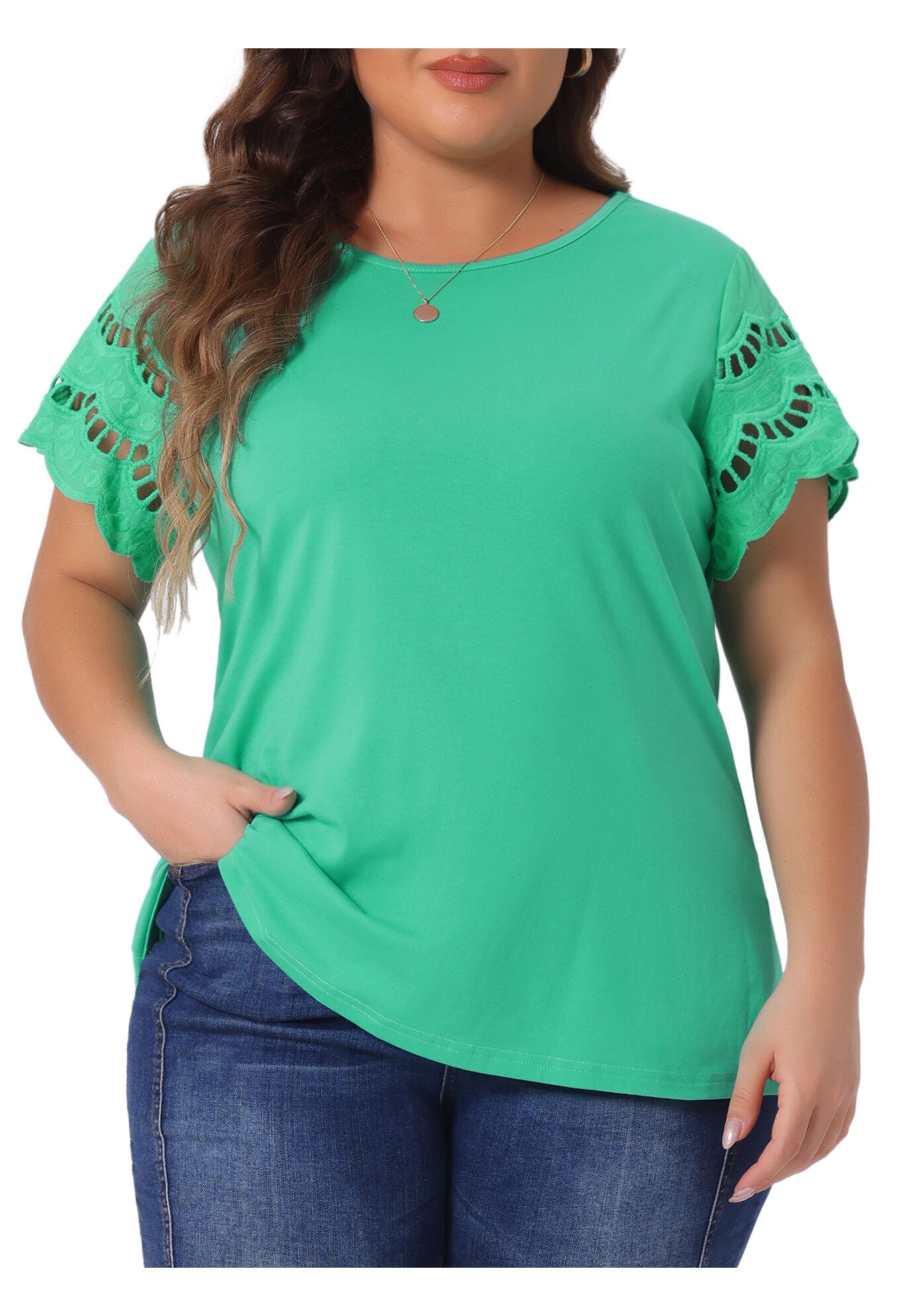 Lace Panel Hollow Short Sleeve Summer Blouse, Light Green / Light Green, alternate image number 1