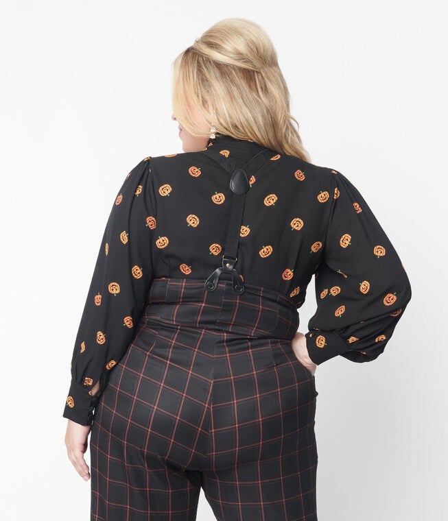 Unique Vintage 1950s Black & Pumpkin Print Gwen Blouse, Black Pumpkin Print / Black, alternate image number 2